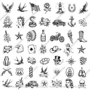 Può includere: Una collezione di disegni per tatuaggi in bianco e nero che presenta varie icone, tra cui aquile, rondini, una bandiera americana, rose, un faro, un ferro di cavallo, una nave, una pin-up, un serpente, cuori, un'auto, un'ancora e un teschio.