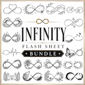 Pode incluir: Uma folha de flash digital com vinte designs de símbolos de infinito em preto e branco. O texto central diz INFINITY FLASH SHEET BUNDLE. Os designs incluem corações, ondas, chamas, cobras, rosas, pássaros, borboletas e motivos florais.
