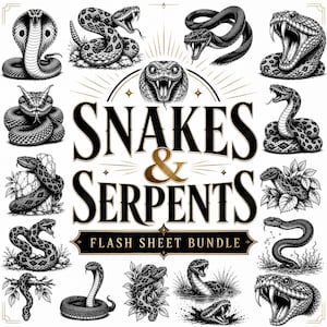 May include: A collection of black and white snake illustrations arranged around the central text "SNAKES & SERPENTS FLASH SHEET BUNDLE". The artwork features various serpents in coiled, striking, and resting positions, rendered with detailed scales and textures.