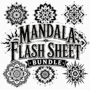 Könnte beinhalten: Eine Sammlung von schwarz-weißen Mandala-Designs, die um den zentralen Text MANDALA FLASH SHEET BUNDLE angeordnet sind. Die Grafik zeigt acht verschiedene kreisförmige Muster mit komplexen geometrischen und floralen Details auf weißem Grund.
