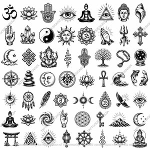 Könnte beinhalten: Eine Sammlung von schwarz-weißen Strichzeichnungen mit spirituellen und symbolischen Ikonen, darunter Lotusblumen, Hamsa-Hände, Augen, Mandalas, Himmelskörper, Gottheiten, geometrische Muster, Naturelemente und mystische Motive.