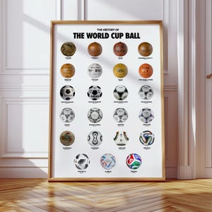 May include: A framed poster titled The History of The World Cup Ball, featuring a grid of twenty-one historical footballs arranged chronologically. Each ball is labelled with its name, showcasing the evolution of design from leather to modern.