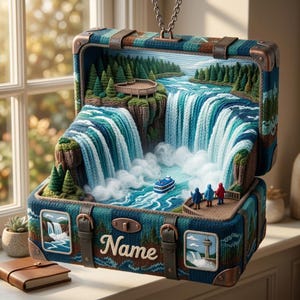 May include: A decorative suitcase featuring a detailed 3D textile landscape of a waterfall, pine trees, and a small boat. The exterior is blue with brown straps, metal hardware, and the word Name in white script. Two small patches show scenery.