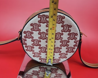 Celine Fox Red Triomphe Round Women Canvas Leather Shoulder Bag Beige Brown
