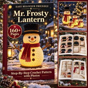 Peut inclure: Un livre intitulé Mr. Frosty Lantern de plus de 160 pages, présentant un bonhomme de neige au crochet avec un chapeau haut-de-forme noir et une écharpe rouge. La couverture montre un bonhomme lumineux et les pages des modèles illustrés.