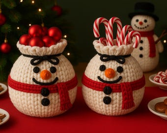 May include: Two snowman-shaped containers with knitted white bodies, red scarves, and black button eyes and smiles. One holds red ornaments, the other candy canes. A snowman figure and Christmas tree are in the background.