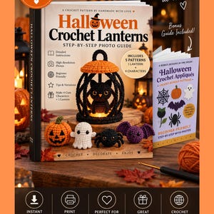 Può includere: Un libro intitolato Halloween Crochet Lanterns con una guida fotografica passo dopo passo, che mostra una lanterna a forma di gatto nero, una zucca, un fantasma, un ragno e un pipistrello. Un libro bonus Halloween Crochet Appliqués è accanto.