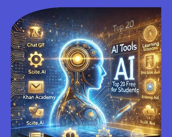 May include: A blue and gold illustration of a robot head with a glowing light in the centre. The image is surrounded by icons of various AI tools, including Chat GPT, Scite.AI, Khan Academy, and ProWriting Aid. The text "Top 20 Free AI Tools for Students" is displayed in the centre of the image.