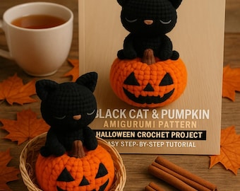May include: A crochet collection book with a black cat amigurumi sitting on an orange pumpkin. The book cover reads "CROCHET COLLECTION". The amigurumi is part of a Halloween crochet project. A cup of tea, cinnamon sticks, and fall leaves are also present.