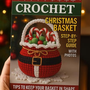 Peut inclure: Couverture de livre de crochet « CROCHET CHRISTMAS BASKET ». L'image présente un panier au crochet en forme de Père Noël, rempli de cannes en sucre et de boules vertes et rouges. Le livre propose un guide étape par étape avec des photos.