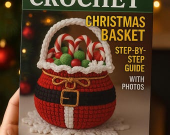 May include: A crochet book cover titled "CROCHET CHRISTMAS BASKET". The image shows a crocheted basket designed as Santa Claus, filled with candy canes and green and red baubles. The book offers a step-by-step guide with photos.