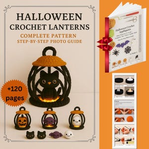Peut inclure: Un livre de patrons de crochet intitulé "Halloween Crochet Lanterns" avec un guide photo étape par étape. L'image montre une lanterne chat noir, des lanternes plus petites et un livre avec des appliqués d'Halloween au crochet.