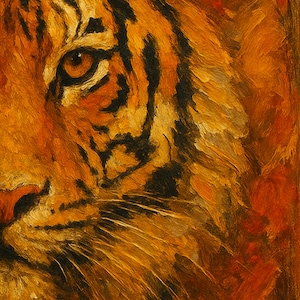 Può includere: Primo piano del volto di una tigre, che mostra l'occhio e la pelliccia. Il dipinto presenta toni caldi di arancione, marrone e nero, con pennellate visibili. L'occhio della tigre è un punto focale, con una resa dettagliata dell'iride e della pelliccia.