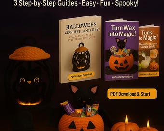 Può includere: Un pacchetto di artigianato di Halloween arancione e nero con lanterne all'uncinetto, porta caramelle a forma di zucca e libri. L'immagine include il testo "Ultimate Halloween Craft Bundle" e "Download & Start Crafting Now".