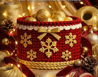 May include: A red crochet Christmas basket with gold snowflake detailing and a gold bow, filled with gold-wrapped chocolates. The image text reads "Luxury Crochet Christmas Basket" and "150-Page Illustrated Guide".