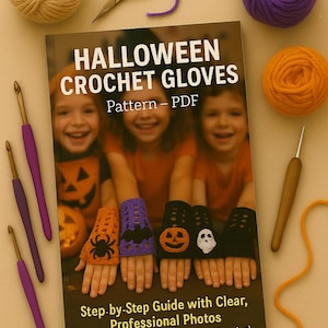 Può includere: Un libro intitolato "Halloween Crochet Gloves" con una guida passo-passo, uncinetti, filato e forbici. Il libro mostra bambini che indossano guanti all'uncinetto colorati con disegni di Halloween, tra cui un ragno, un pipistrello, una zucca e un fantasma.