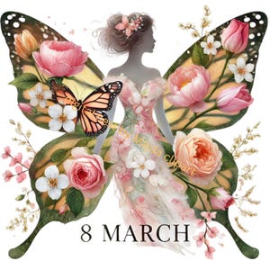 8 maart Vrouwendag digitale 12 clipart | Vrouwelijke bloemsierkunst voor sublimatie, kaarten en prints