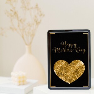Bundel met zwarte en gouden Moederdag koninklijke kaarten – 12 afdrukbare Happy Mother's Day-kaarten met gouden hartlijst | Directe digitale download