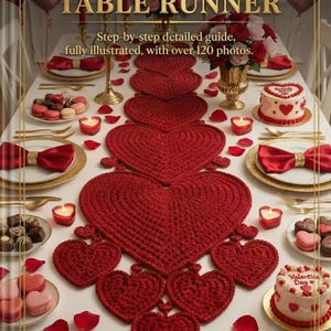 May include: A Valentine's Day table setting featuring a red crochet heart table runner. The table is set with gold-rimmed plates, red bow napkins, candles, and a small cake. The text on the image reads "CROCHET HEART TABLE RUNNER".