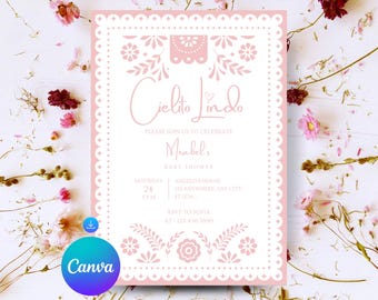 Canva Cielito Lindo Invitation, Cielito Lindo Baby Shower Invitation, Mexican Baby Shower Invitation, Papel Picado Invite, Blue Talavera