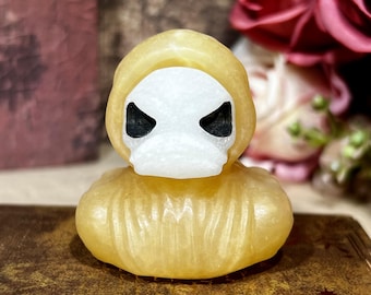 Hand Carved Yellow Calcite Grim Reaper Duck Figurine, Crystal Decor