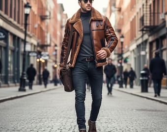 Può includere: Giacca di pelle marrone con colletto e polsini in montone. La giacca ha un esterno in pelle marrone con una fodera in montone beige. La persona indossa un dolcevita grigio, jeans blu scuro e stivali in pelle marrone. Una borsa in pelle marrone è appesa alla spalla.