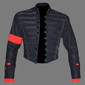 Michael Jackson black military jacket inspired by MTV Awards, featuring gold embellishments on black wool fabric.