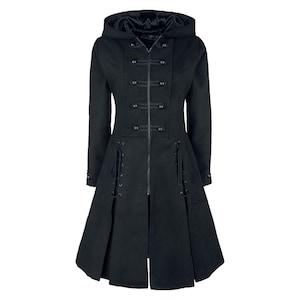 Gothic Hooded Military Style Long Black Coat for Women | Lace-Up Waist & Button Details