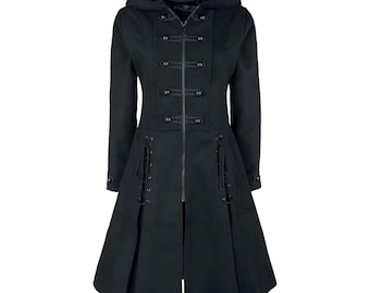 Gothic Hooded Military Style Long Black Coat for Women | Lace-Up Waist & Button Details