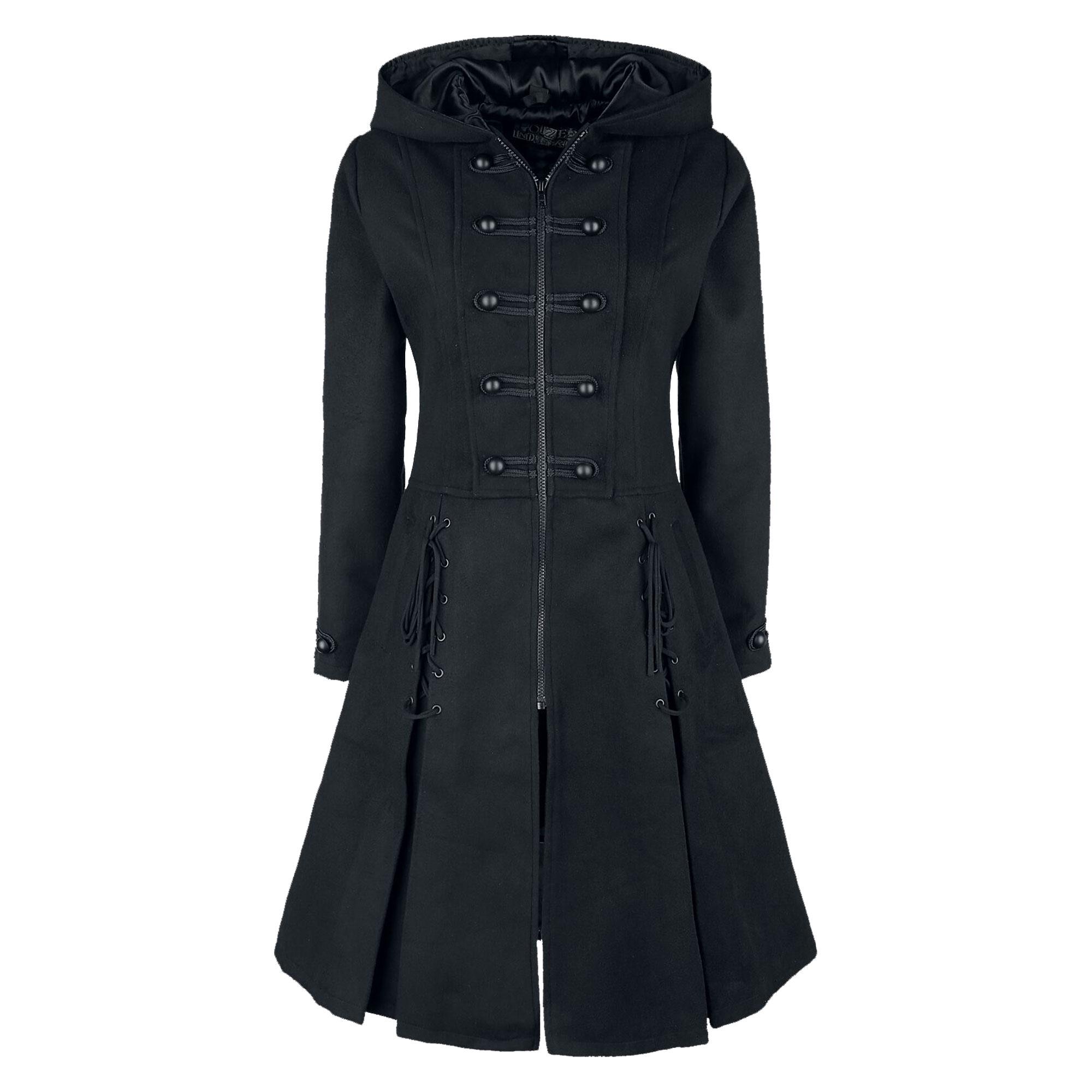 Gothic Hooded Military Style Long Black Coat for Women | Lace-up
