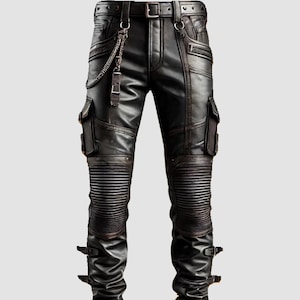 Men’s Black Cowhide Leather Biker Pants | Adjustable Waist Motorcycle Style