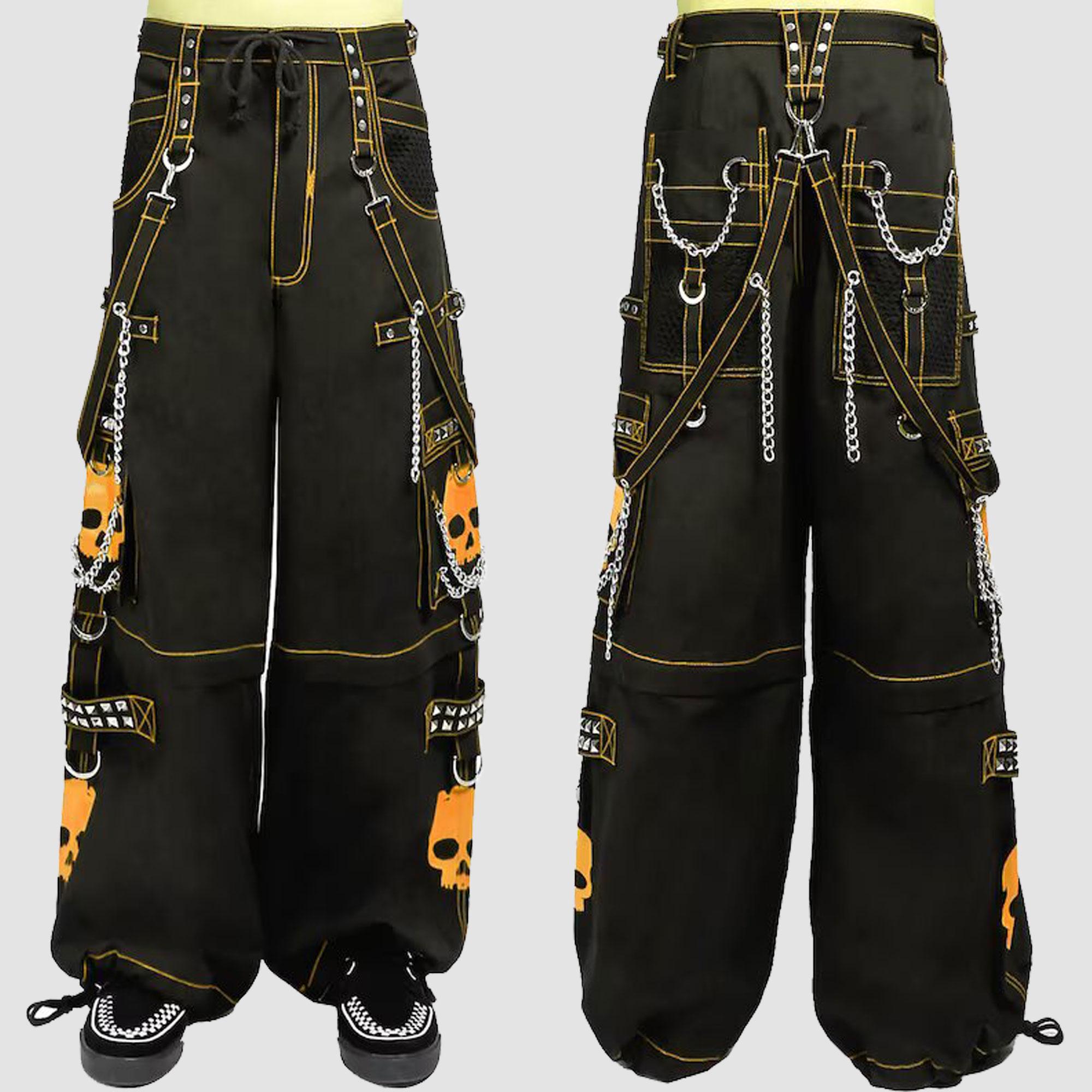 Men's Gothic Black Cargo Pants With Chains, Studs & Orange Skull