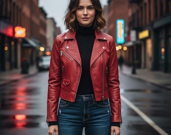 Red Lambskin Leather Biker Jacket | Women Moto Coat