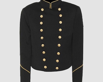 Chaqueta Militar Negra Mujer Slim Fit – Blazer Corto con Botones Dorados Vintage Elegante