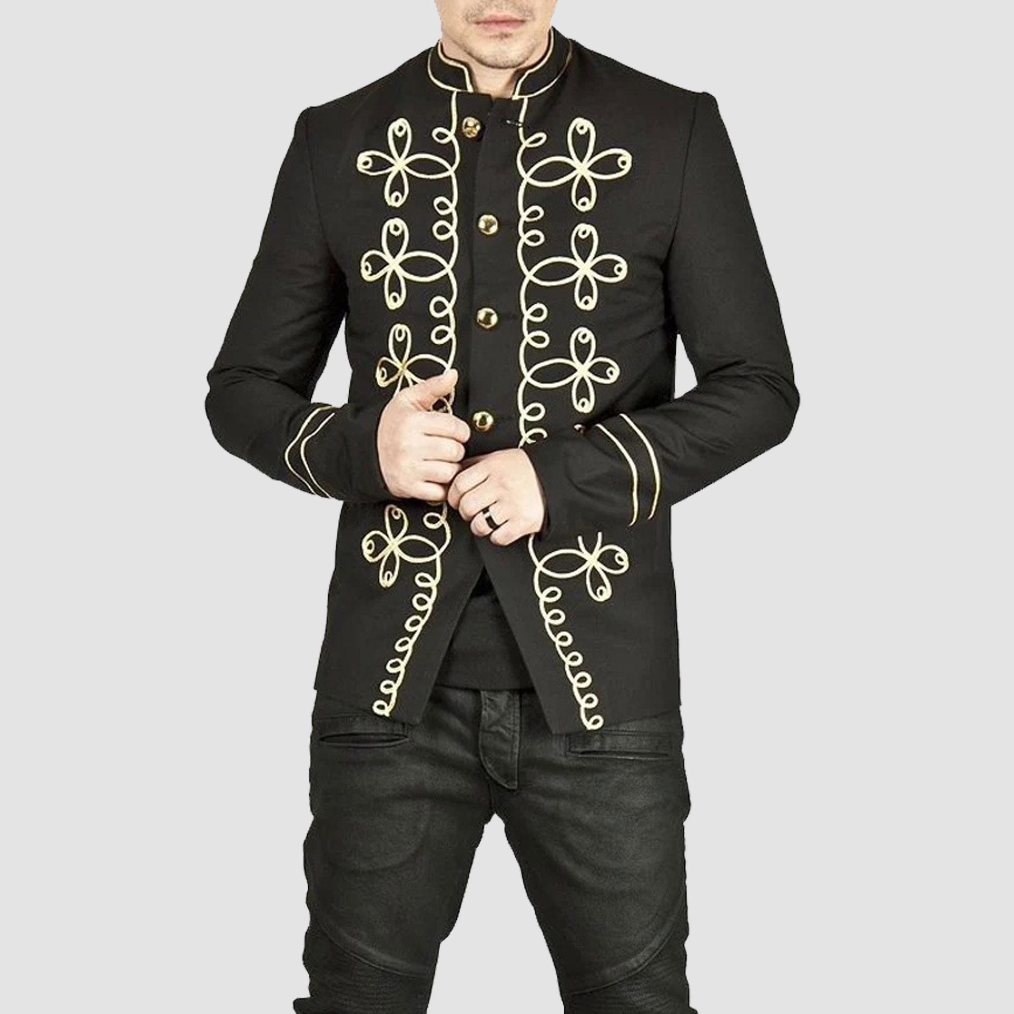 Men's Handmade Gold Embroidery Black Military Napoleon Hook Jacket