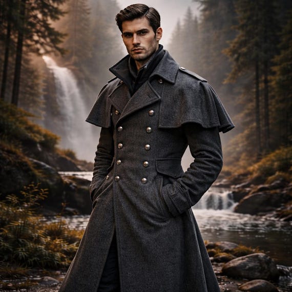 Gray Wool Victorian Inverness Cape Coat With Double Breasted