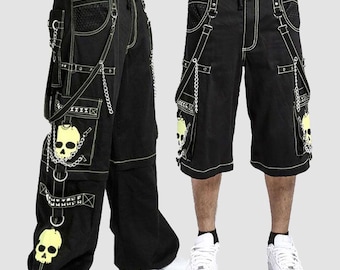 Pantalon Punk Homme Gothique | Cargo Large Noir Crânes & Chaînes, Style Y2K Techwear Harajuku Emo