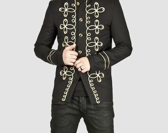 Men's Handmade Gold Embroidery Black Military Napoleon Hook Jacket 100% Cotton - Jackettailor