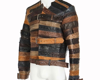 Chaqueta de Cuero Patchwork Artesanal para Hombre – Estilo Biker Avant-Garde con Hebillas – Jackettailor