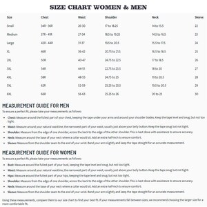 Op de afbeelding: Maattabel voor dames en heren met maten voor borst, taille, schouder, nek en mouw in inches. De tabel omvat maten van S tot 6XL.