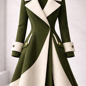 May include: A stylish olive green coat with a cream-colored collar, cuffs, and front panel. The coat features gold buttons and a tailored fit. A fashionable outerwear garment.
