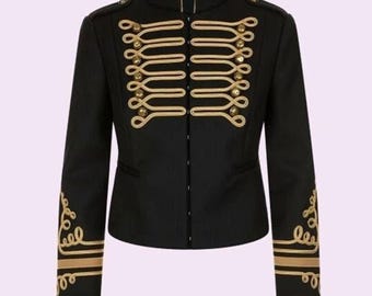 Chaqueta Militar para Mujer con Trenzado Dorado | Blazer de Oficial Hussar de Algodón Negro | Abrigo de Banda Vintage para Desfile