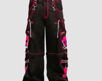 Punk Gothic Black Cargo Pants | Chains, Studs & Pink Skull Details