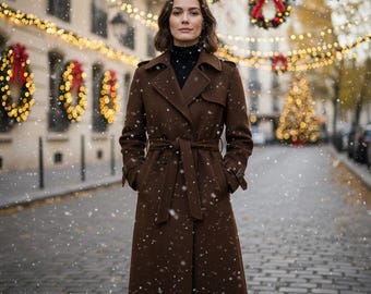 Könnte beinhalten: Eine Frau in einem langen, braunen Trenchcoat mit passendem Gürtel steht auf einem Kopfsteinpflaster. Sie trägt einen schwarzen Rollkragenpullover. Im Hintergrund sind Weihnachtsdekorationen und fallender Schnee zu sehen.