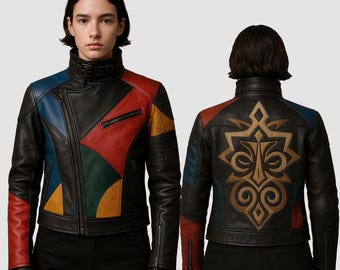 Multicolor Patchwork Leather Jacket with Tribal Back Embroidery – Unisex Biker Style