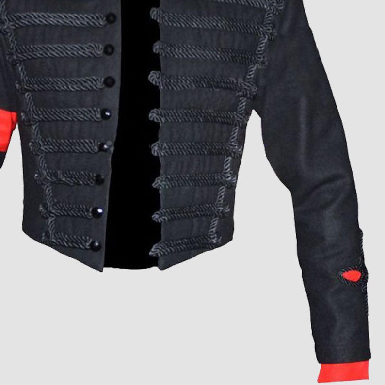 Close-up detail of gold military braiding and premium black wool fabric on Michael Jackson MTV Awards inspired jacket.