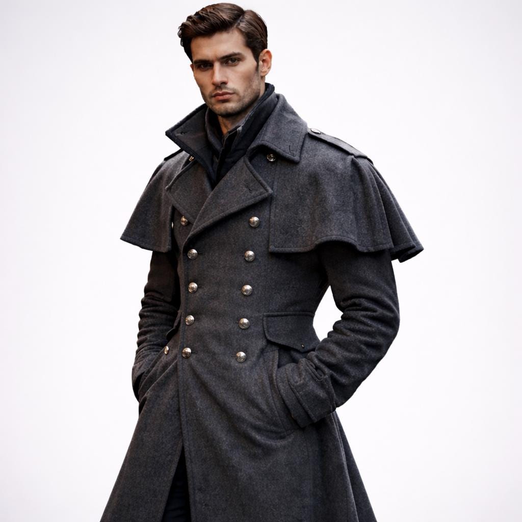 Gray Wool Victorian Inverness Cape Coat With Double Breasted