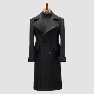 Victorian Overcoat Men&#39;s Black Wool Double-Breasted  Military Overcoat – Full-Length Trench Coat Stylish Warm Outerwear