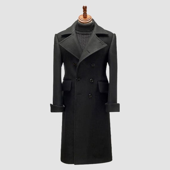 Victorian Overcoat Men's Black Wool Double-breasted Military