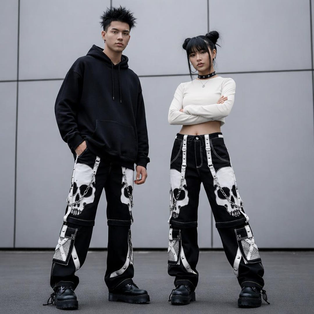 Skull Graphic Cargo Pants of Gothic Techwear With Chain Detail - Etsy